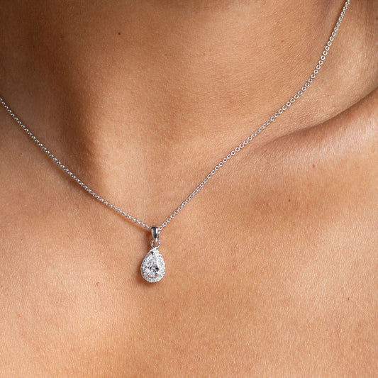 Pear Halo Necklace - Sterling Silver