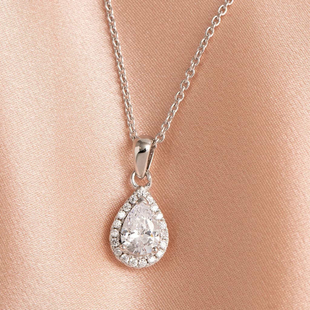 Pear Halo Necklace - Sterling Silver