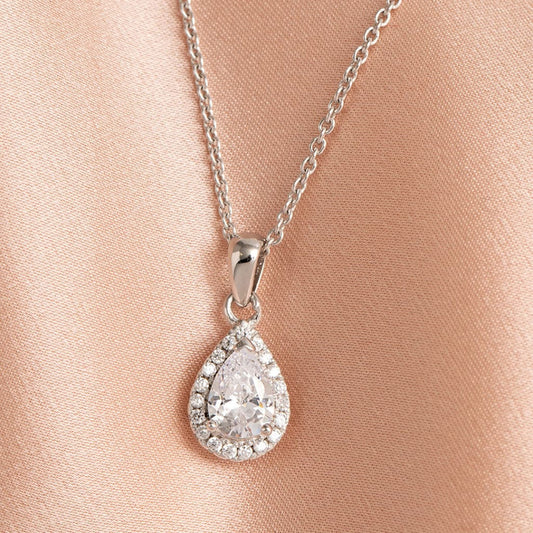 Pear Halo Necklace - Sterling Silver